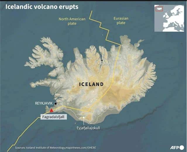 mapa del volcán de Islandia